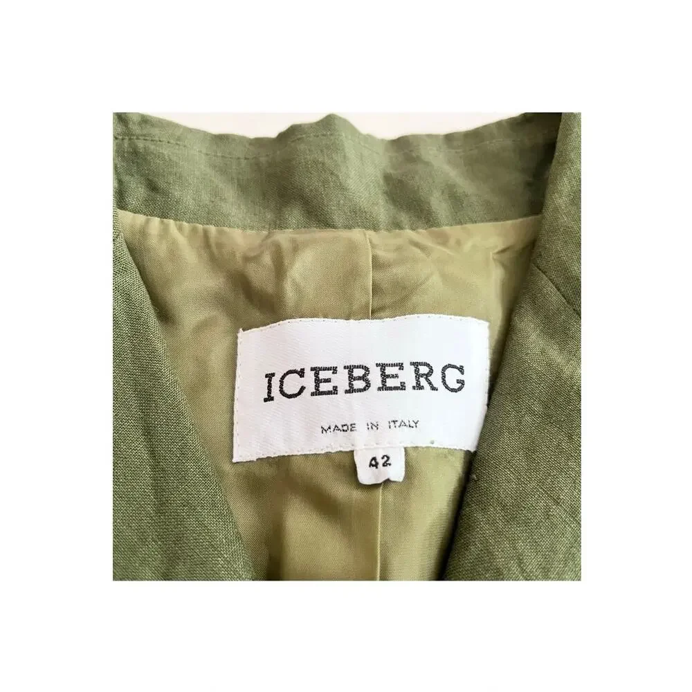Iceberg Army Green 100% Linen Button Front Utilitarian Blazer Jacket Size IT 42
